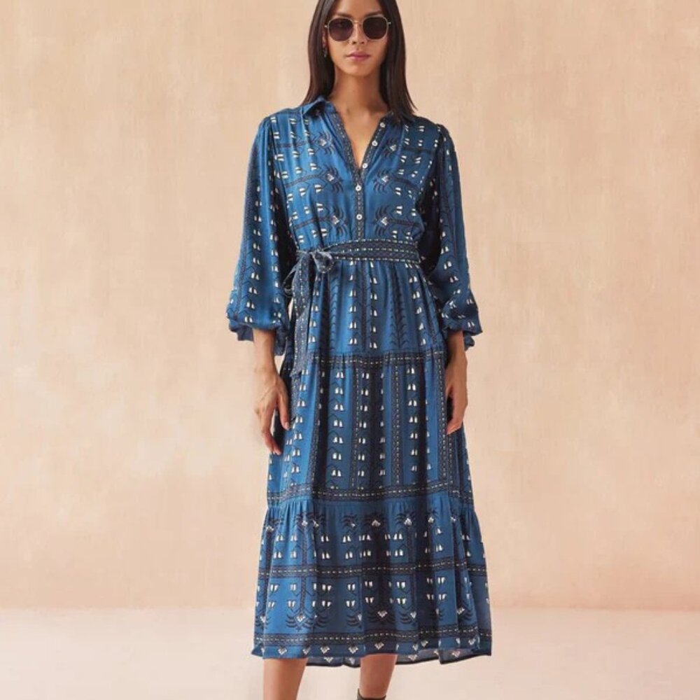 NWT Omika Emery Tie-Waist Maxi Dress Indigo Malva Size M